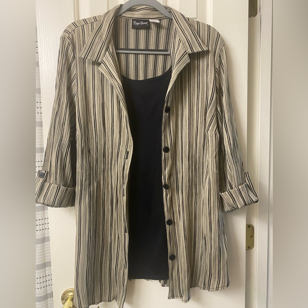Maggie Barnes Black and Beige Striped Button-Down Shirt